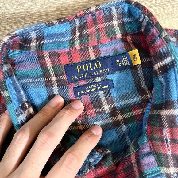 Polo Ralph Lauren Blue Red Performance Flannel Double Button Shirts Men's XL - Picture 11 of 12
